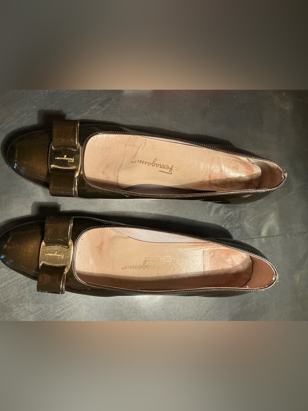 Vintage Salvatore Ferragamo Bronze Patent Leather Vara Bow Flats